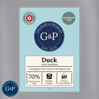 Packaging of Growler and Prowler's natural cat food, featuring a blend of duck and sardines. The product is designed for cats and offers a nutritious mix of proteins. The label highlights the brand’s commitment to healthy, natural ingredients, and is produced by Growler and Prowler, a Manchester-based pet treats company.
